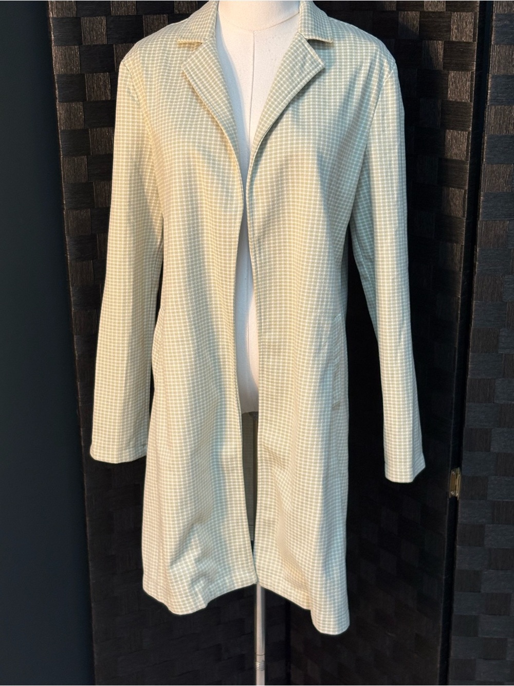 Potters Pot Green White Checkered Open Front Sweater Jacket Duster Coat M